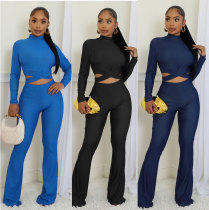 Long sleeved bandage top, high waisted micro flared pants set