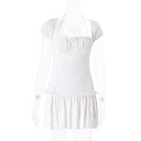 Low cut square neck halter tied short sleeved pleated dress