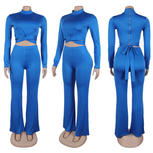 Long sleeved bandage top, high waisted micro flared pants set