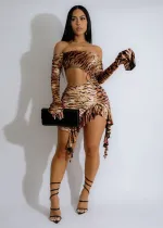 One shoulder hollowed out leopard print long sleeved dress with exposed shoulder