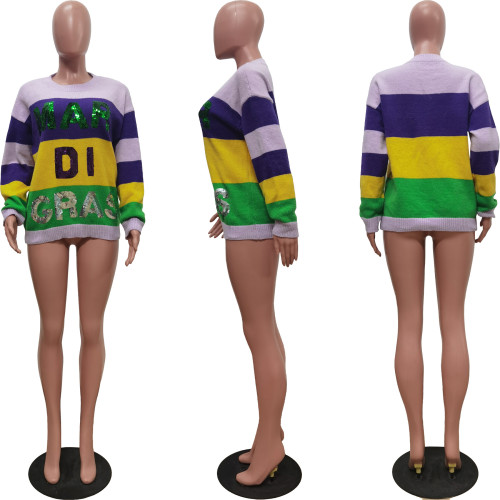 Color blocked sequin knit sweater