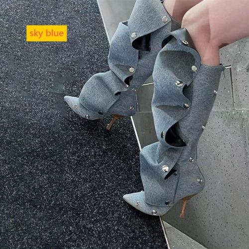 High heels, pointed metal rivets, denim splicing, two-piece stacking, knee high boots