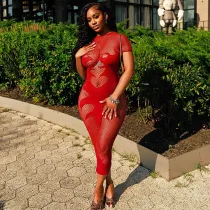 Fishing net round neck hollowed out see through tight fitting dress