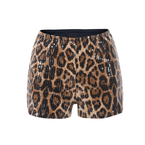 Beaded leopard print elastic waistband shorts