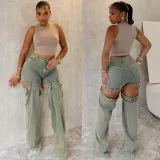 Straight retro washed hollow denim jeans