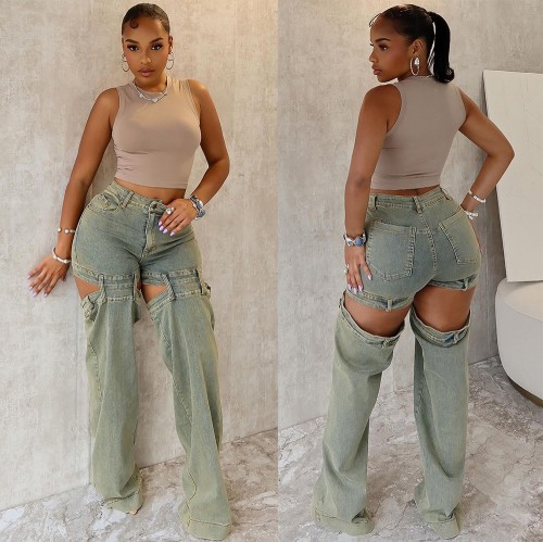 Straight retro washed hollow denim jeans