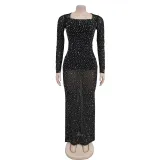 Women's rhinestone long sleeved one neck dress