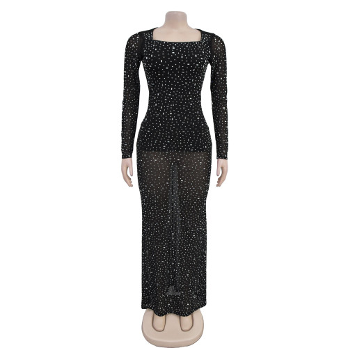 Women's rhinestone long sleeved one neck dress