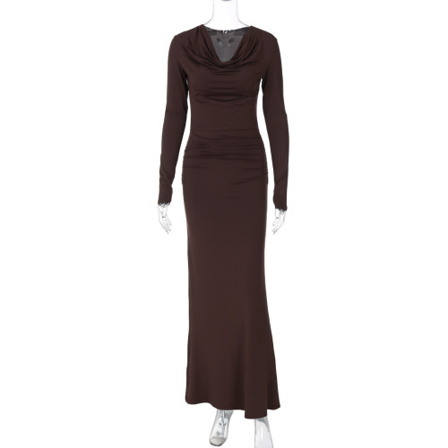 Swing collar long sleeved pleated hip hugging dress