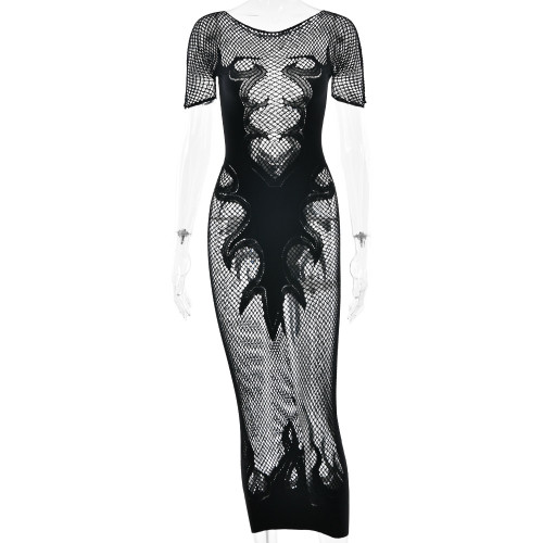Fishing net round neck hollowed out see through tight fitting dress