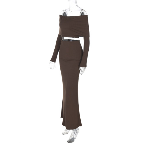 Solid color long sleeved one shoulder lapel skirt set