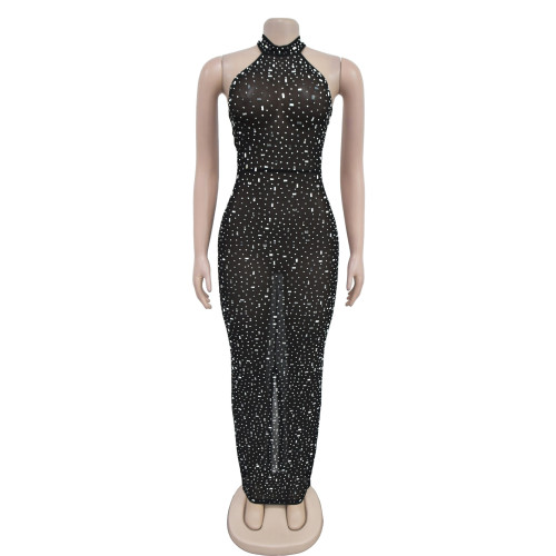 Women's hot stamping diamond hanging neck dress, long skirt