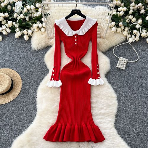 Color blocking doll collar cinched knit dress