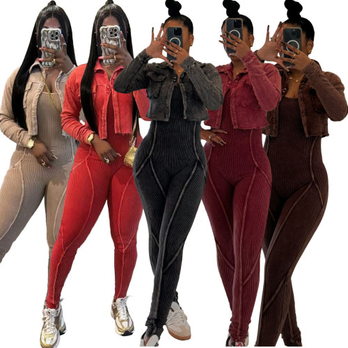 Two piece set of acid washed and color stir fried used jumpsuit