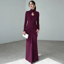 High neck hollow pleated long sleeved dress