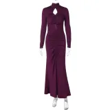 High neck hollow pleated long sleeved dress