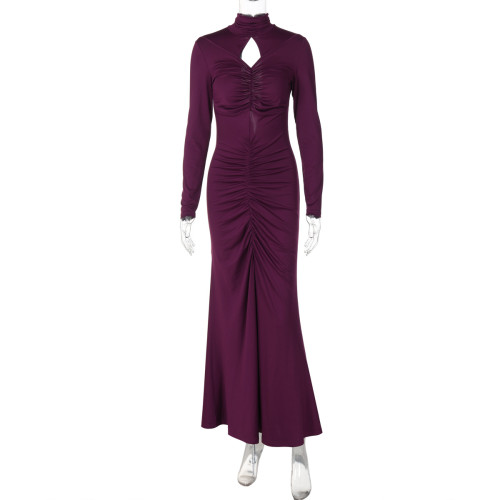 High neck hollow pleated long sleeved dress