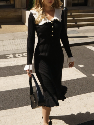 Color blocking doll collar cinched knit dress