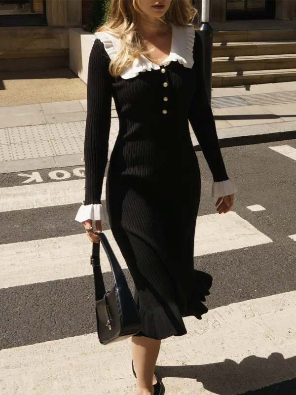 Color blocking doll collar cinched knit dress