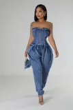 Spliced strapless high stretch waist cinched denim jumpsuit