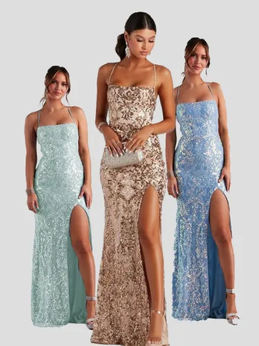 One collar sequin slit banquet dress dress