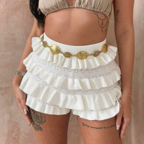 Solid color high waisted woolen multi-layer lotus leaf lace shorts