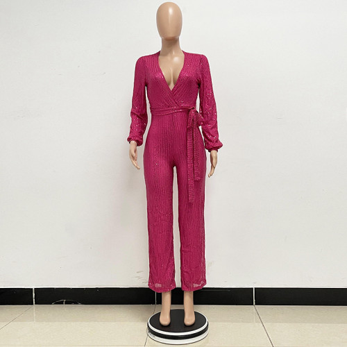 Long sleeved belt sequined jumpsuit