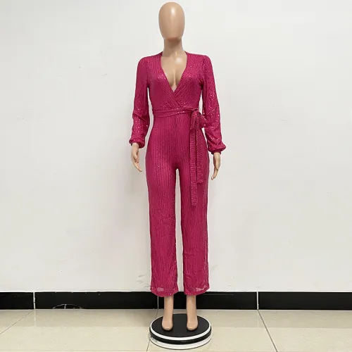 Long sleeved belt sequined jumpsuit