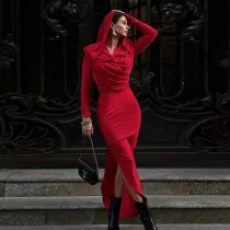 Solid color hooded long sleeved side slit jumpsuit long skirt