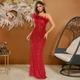Sequin feather patchwork bead dress long skirt