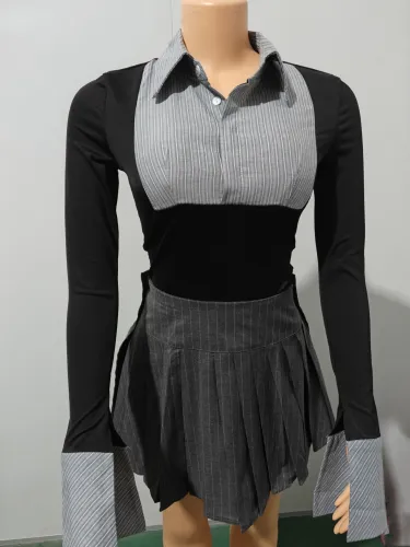 Polo collar striped long sleeved top and pleated short two-piece set