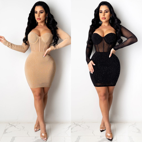 Rhinestone transparent dress mid skirt