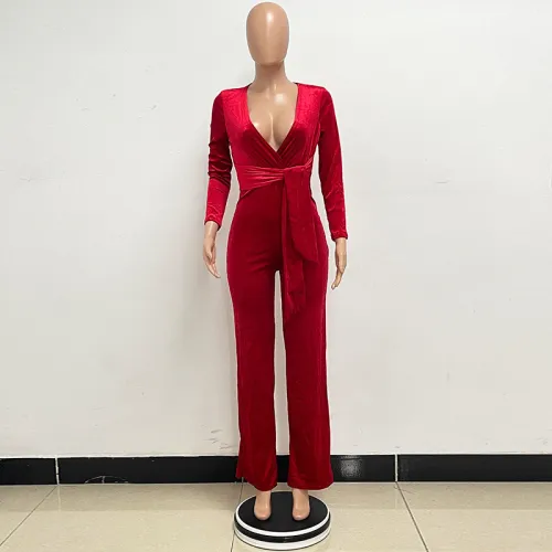Deep V-long sleeved waistband jumpsuit