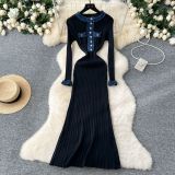 Color blocking round neck metal knitted long sleeved dress