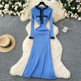 Color blocking round neck metal knitted long sleeved dress
