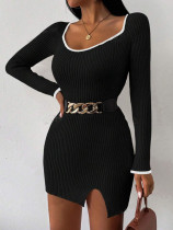 Color blocking hip hugging dress, long sleeved square neck dress