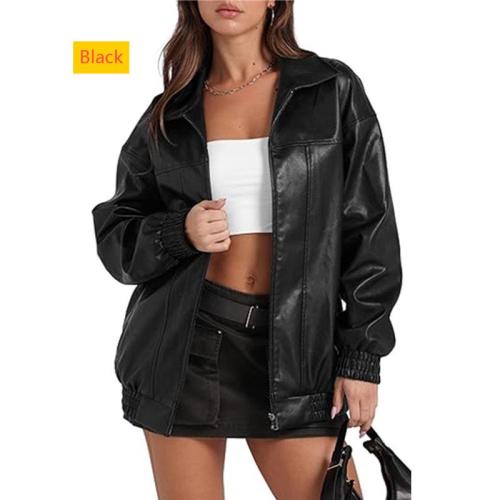 Solid color leather jacket long sleeved lapel zipper side pocket jacket
