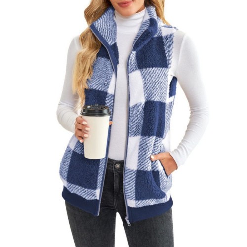 Plaid comfortable velvet cardigan vest stand up collar sleeveless jacket