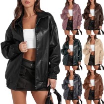Solid color leather jacket long sleeved lapel zipper side pocket jacket