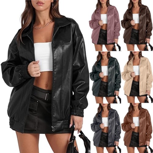 Solid color leather jacket long sleeved lapel zipper side pocket jacket