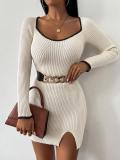 Color blocking hip hugging dress, long sleeved square neck dress