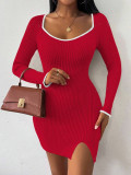 Color blocking hip hugging dress, long sleeved square neck dress
