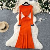 Color blocking round neck metal knitted long sleeved dress