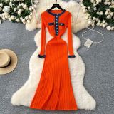 Color blocking round neck metal knitted long sleeved dress