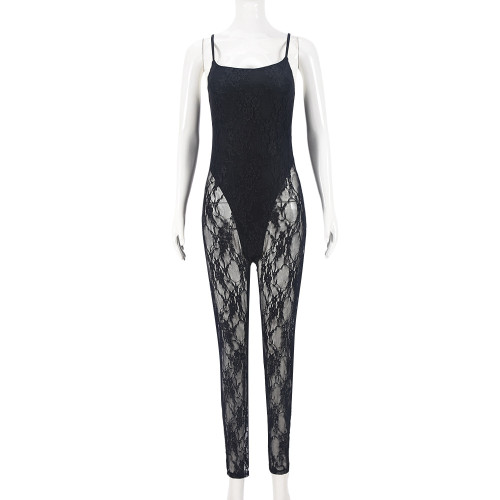 Women's suspender splicing perspective hollow high elasticity jumpsuit