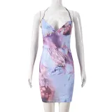 Sling dress with hollowed out color blocked print, V-neck strap, one-step skirt