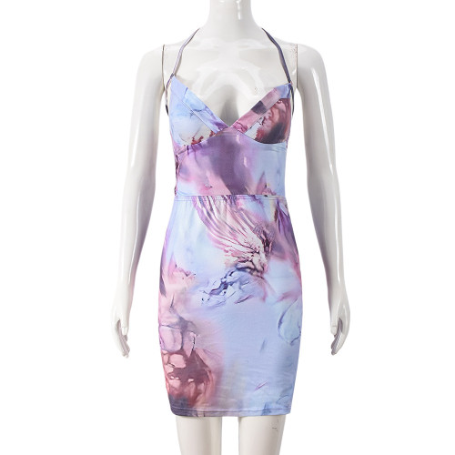 Sling dress with hollowed out color blocked print, V-neck strap, one-step skirt