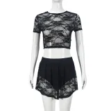 Lace high elasticity hollow out exposed navel short sleeved skirt pants set