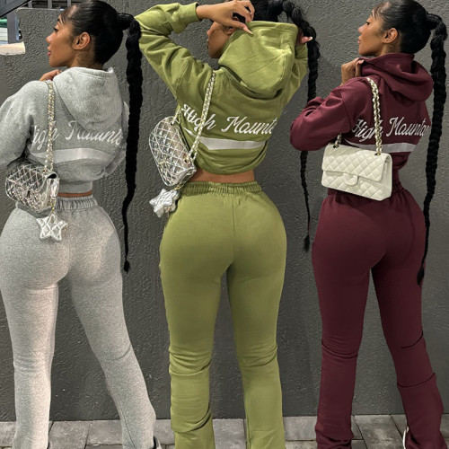 Embroidered hooded sweatshirt high waisted pants set