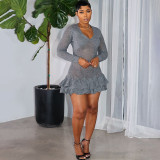 Black fungus edge deep V-neck long sleeved dress
